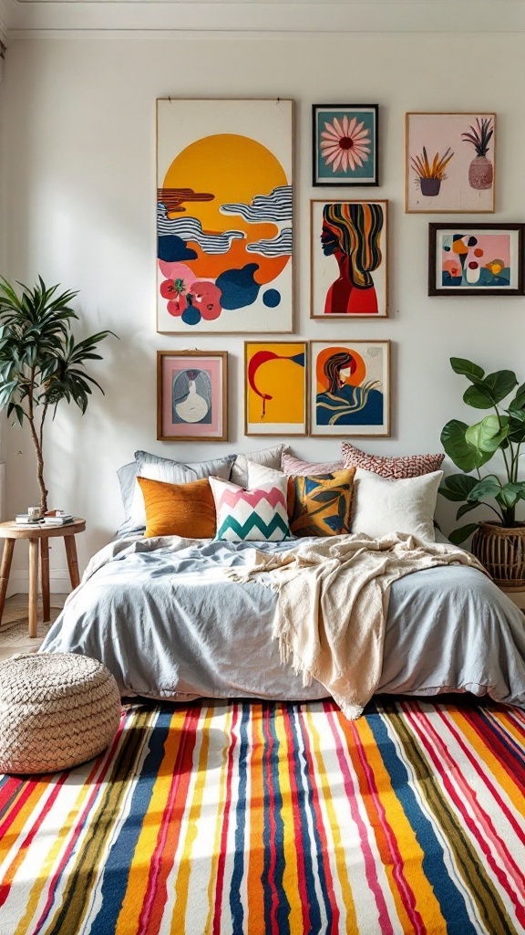 A bedroom featuring a colorful striped rug with vibrant patterns.