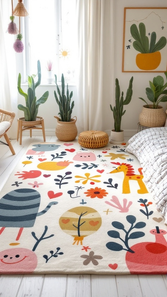 A whimsical hand-painted rug with colorful designs in a cozy bedroom setting.