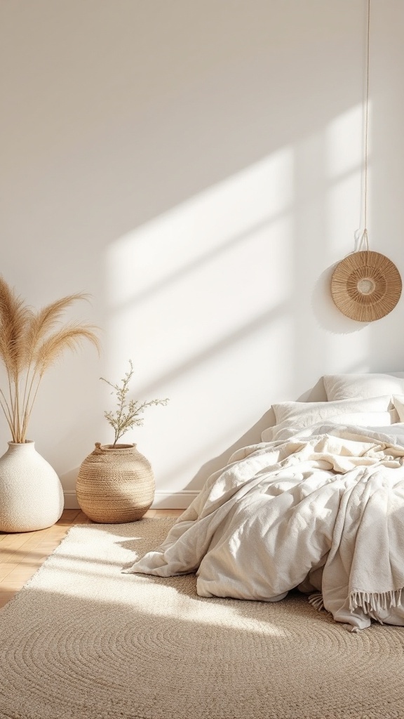 A cozy boho style bedroom with a natural fiber rug and light-colored decor.