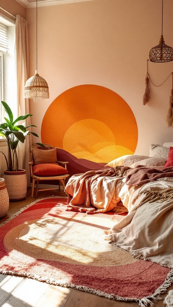 A cozy bedroom featuring a sunset gradient rug and warm tones.