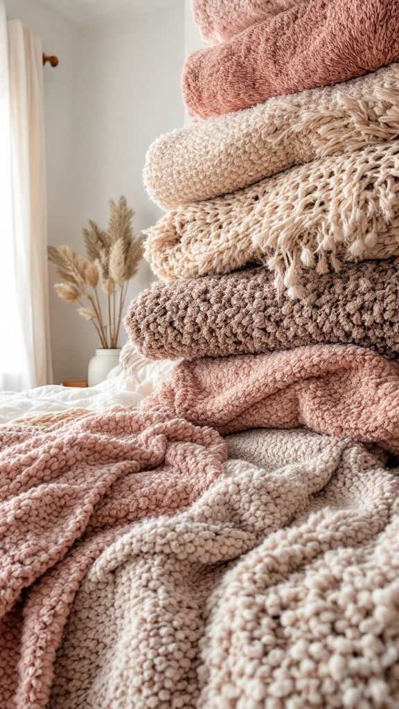 A stack of various soft and textured blankets in pastel colors, creating a cozy and inviting atmosphere.