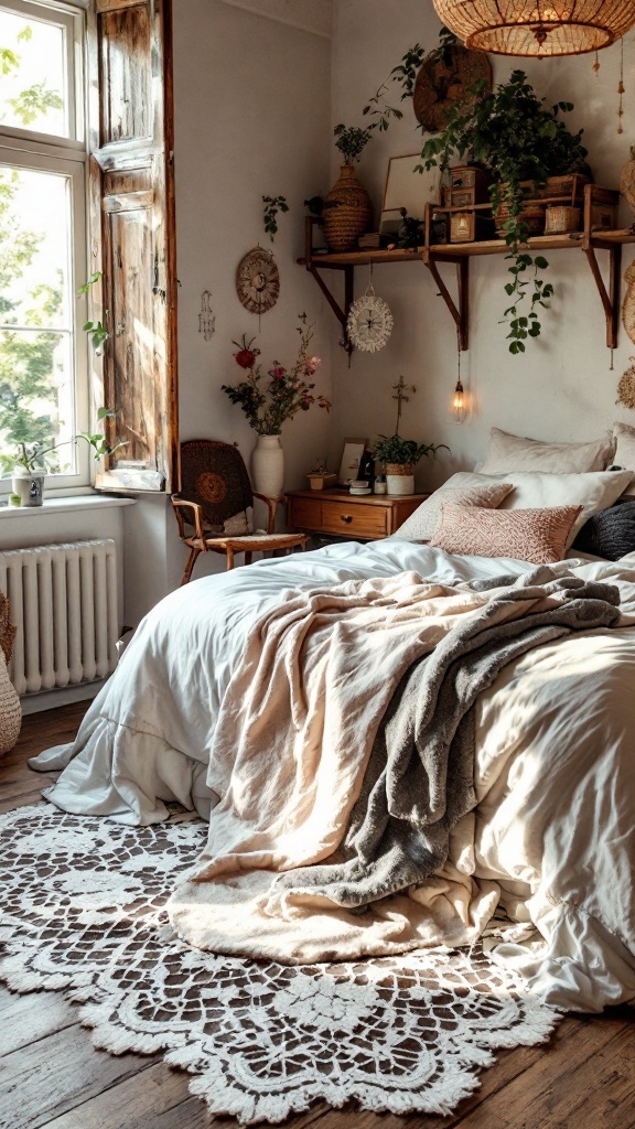 A cozy boho style bedroom featuring a lace patterned rug, soft bedding, and natural decor.