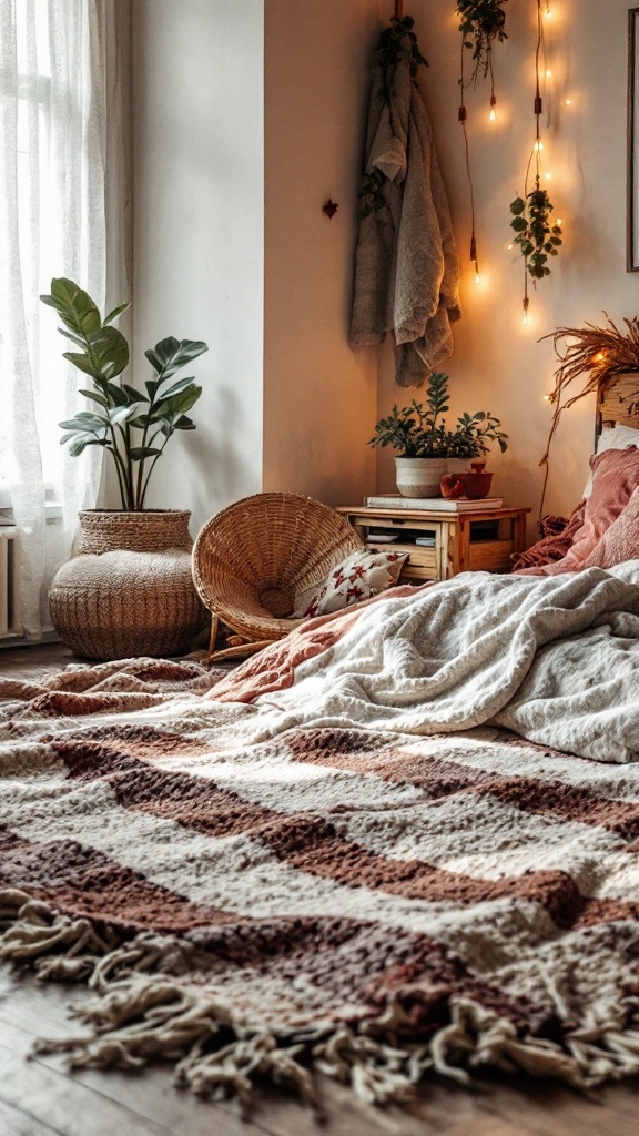 A cozy boho style bedroom featuring a textured wool blend rug with earthy tones.