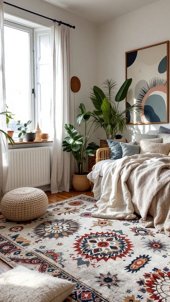 A cozy boho style bedroom with an artisan crafted rug.