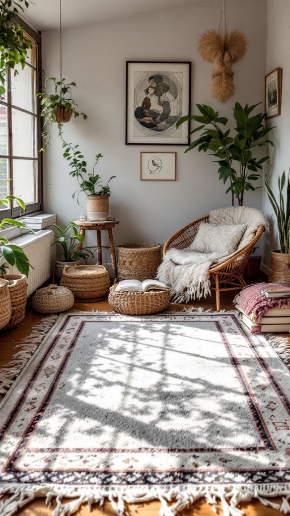 A cozy boho style bedroom with a fringed edge rug and decorative plants.