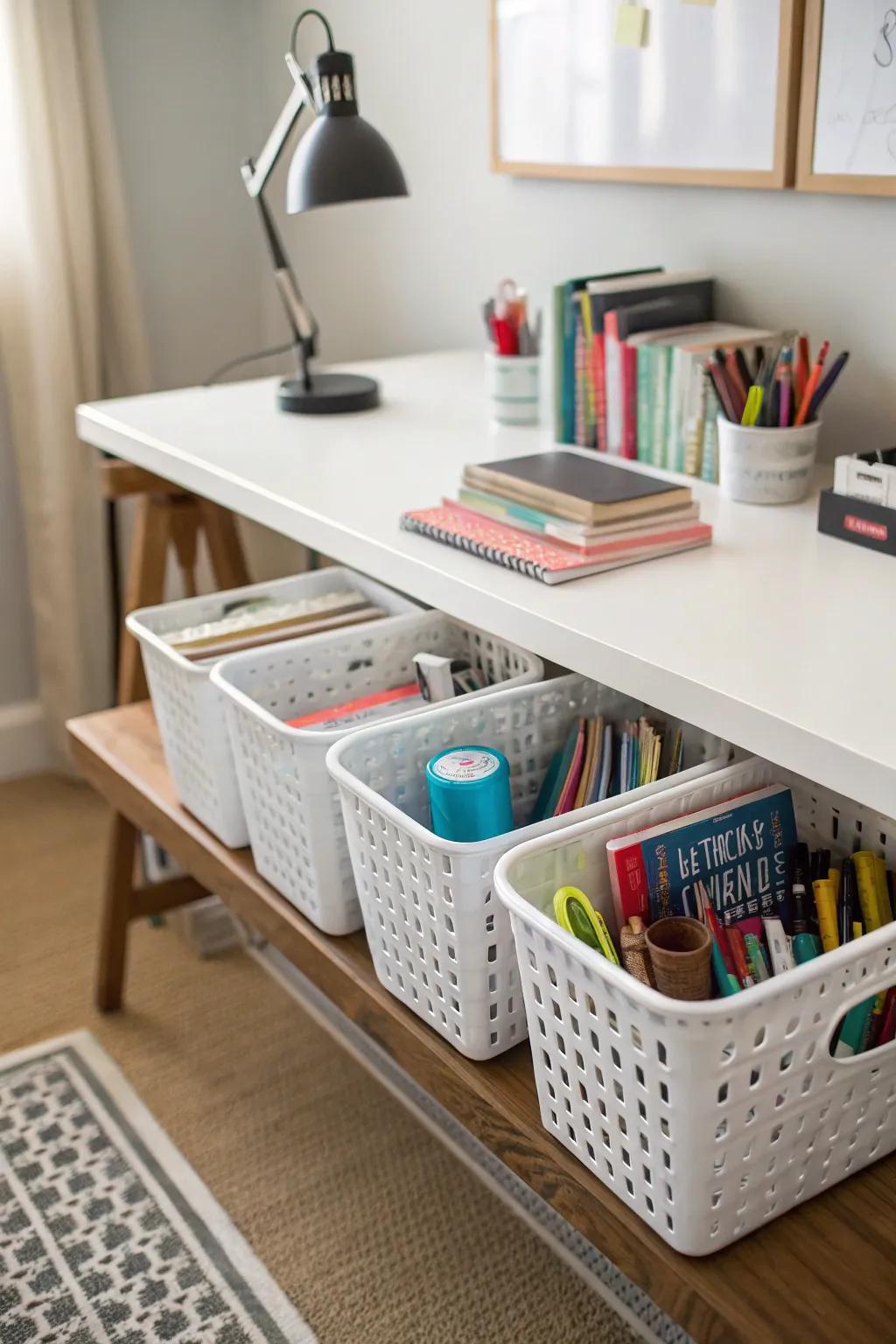 Under-desk storage keeps things tidy and accessible.