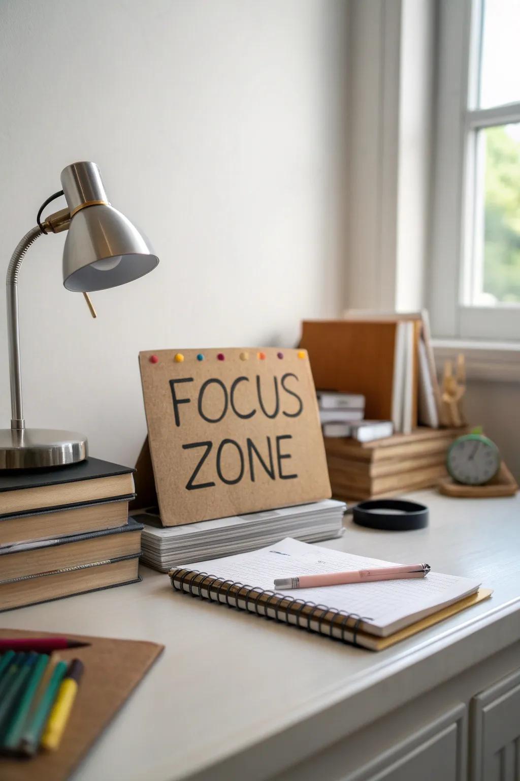 A'Focus Zone' sign encourages uninterrupted study.