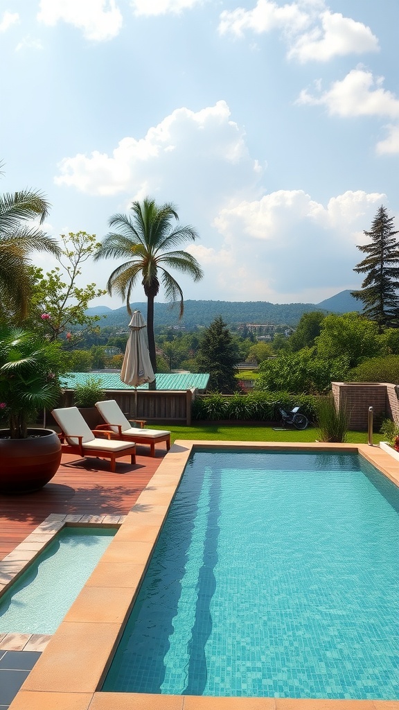 Elevated container pool with lounge chairs and scenic backdrop.