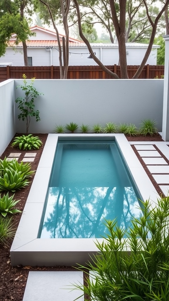 Minimalist container pool surrounded by plants and stone pathways.