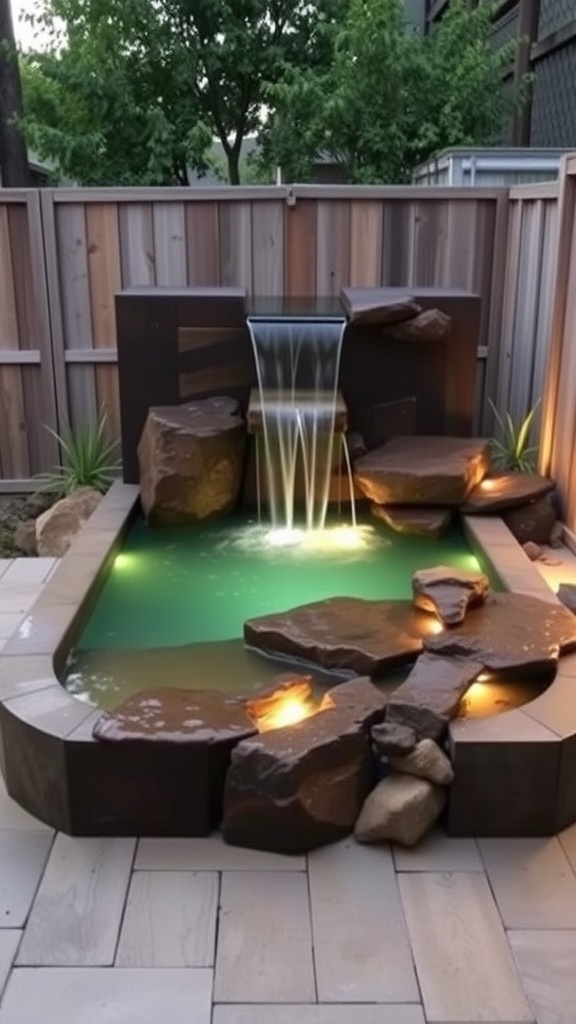Container pool with waterfall surrounded by rocks and water.