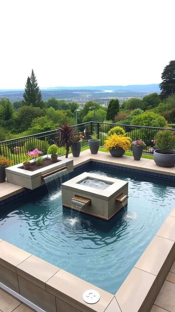 Small container pool on a balcony with city skyline view.
