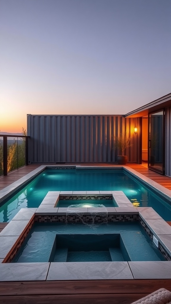 Modern container pool with integrated spa area at sunset.