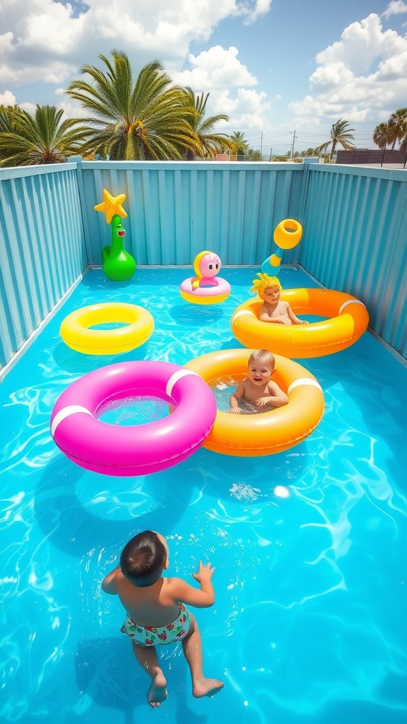 Colorful floaties in a container pool under a clear sky.