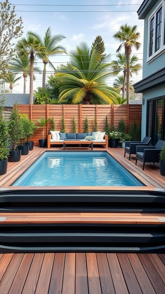 Contemporary container pool with wooden decking and plants.