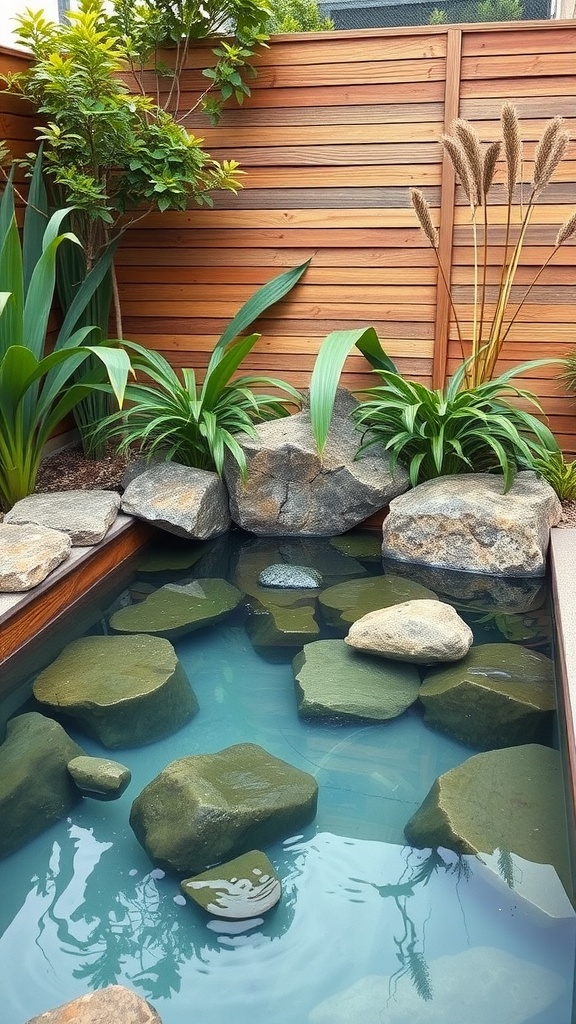 Natural container pool with smooth stones and lush greenery.