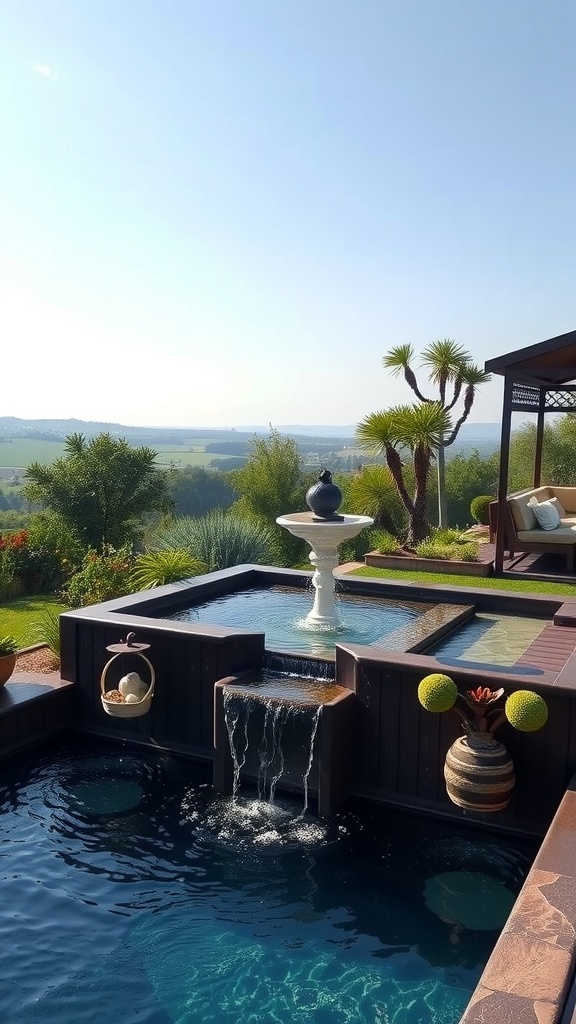 Multi-level container pool with cascading water features and greenery.