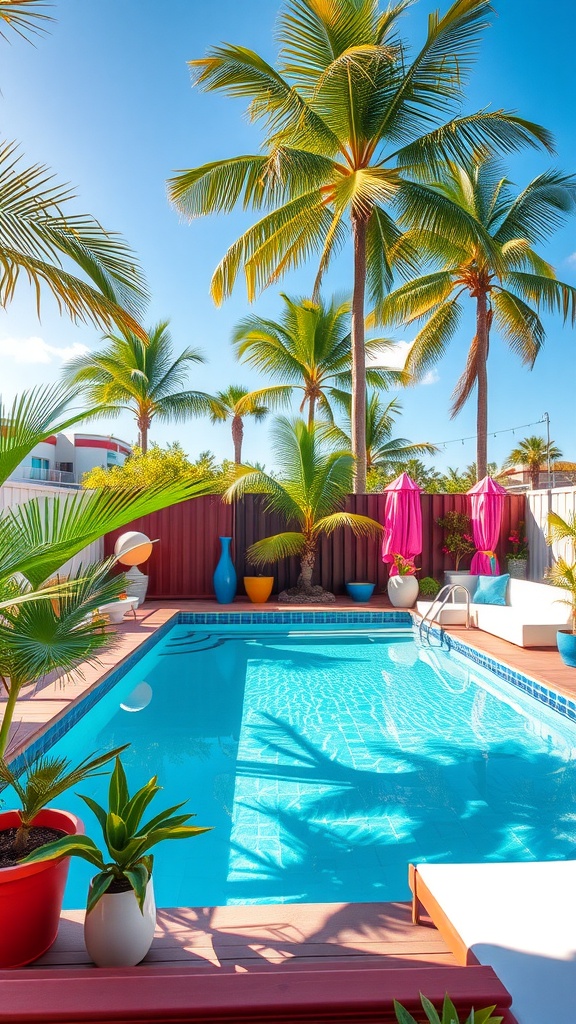 Tropical container pool with palm trees and colorful decor.