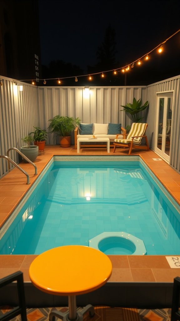 Vintage-style container pool with cozy seating and string lights.