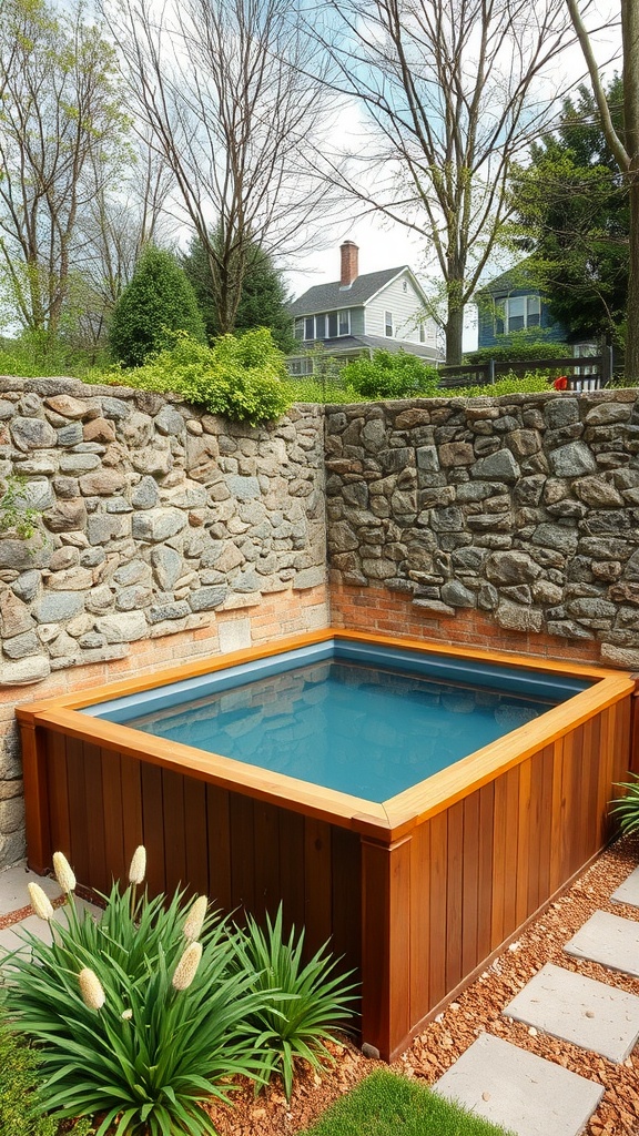 Container pool with rustic stone wall and surrounding rocks.