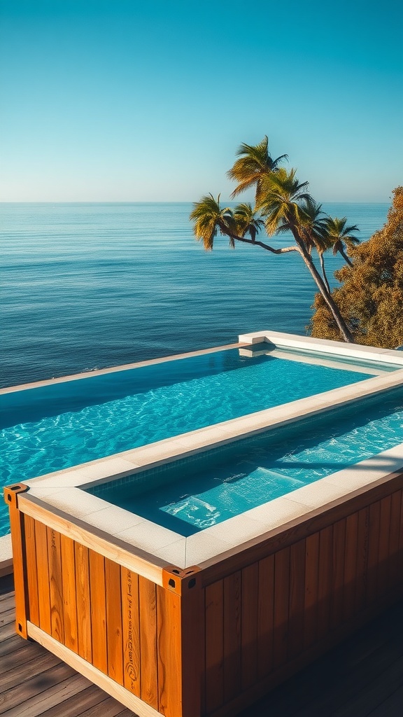 Luxury container pool with infinity edge overlooking ocean.
