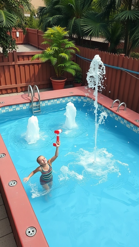 Child playing in container pool with water features surrounded by plants.