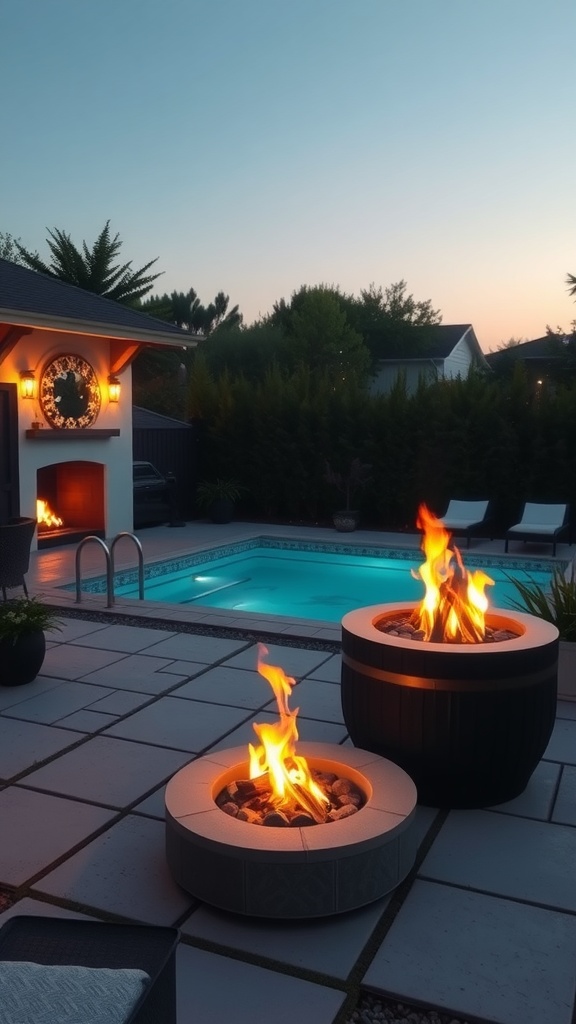 Chic container pool with modern fire pits in cozy outdoor setting.