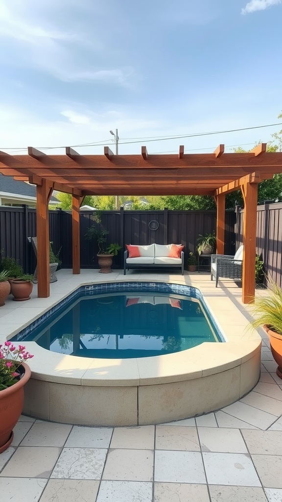 Container pool with pergola and lounge area in backyard.