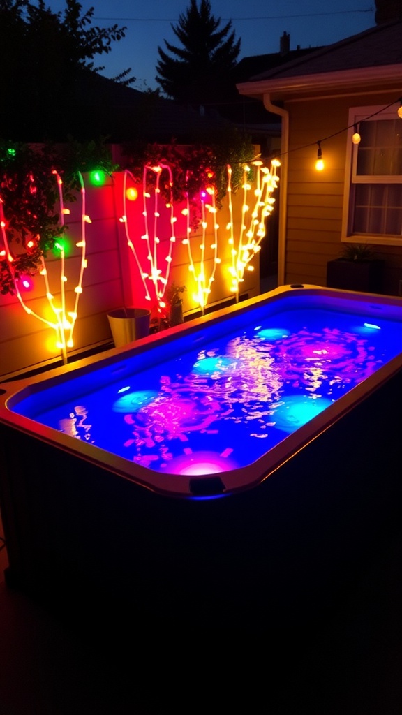Stylish container pool surrounded by sculptures and decorative elements.
