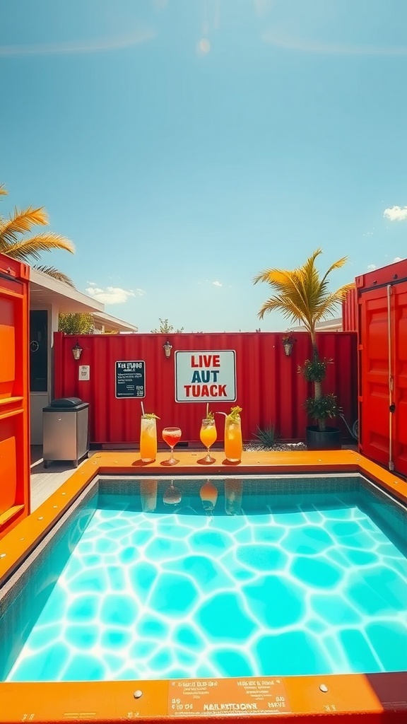 Container pool with swim-up bar and colorful drinks in sunny setting.
