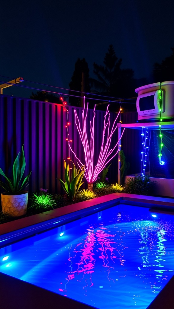 Colorfully illuminated container pool at night with LED lighting.