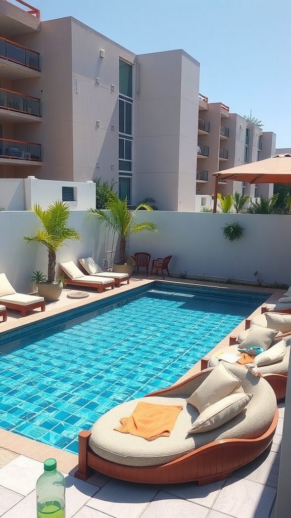 Container pool with built-in seating and surrounding lounge chairs.