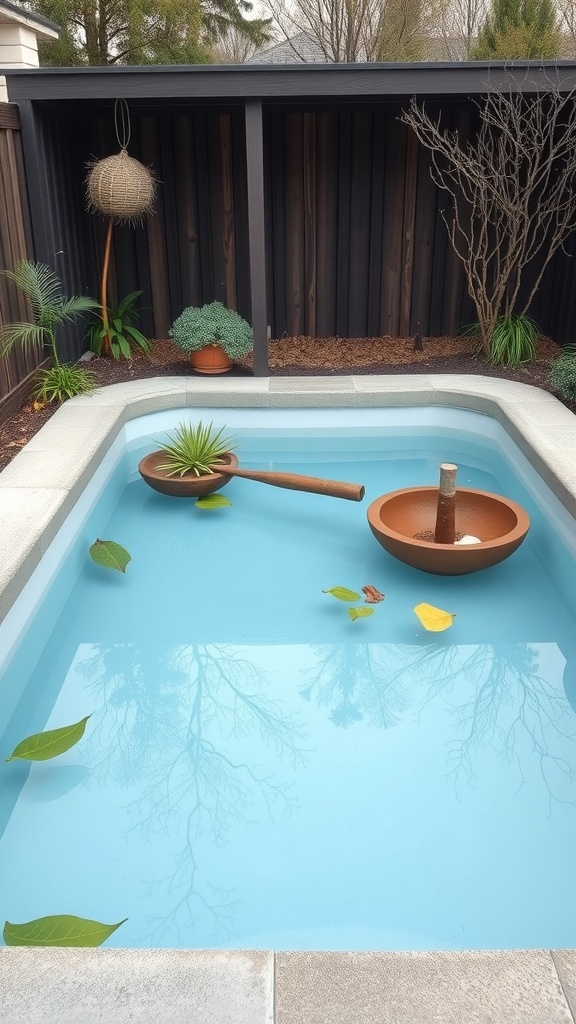 Serene container pool with removable floating plants for seasonal changes.