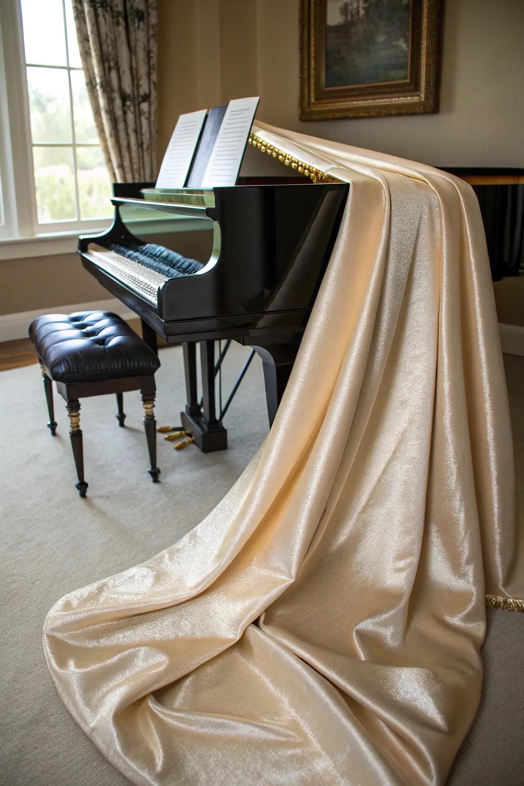 Velvet and textured fabrics enhance the piano area