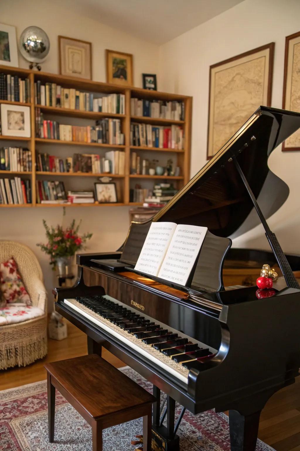 Bookshelves surrounding the piano for storage and display