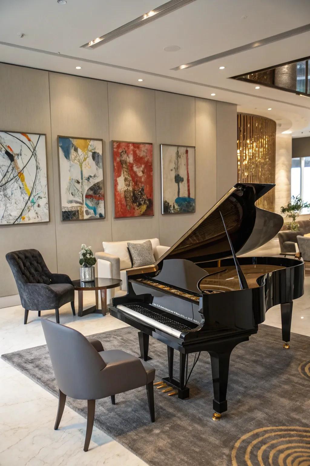 Modern furniture paired with a classic baby grand piano