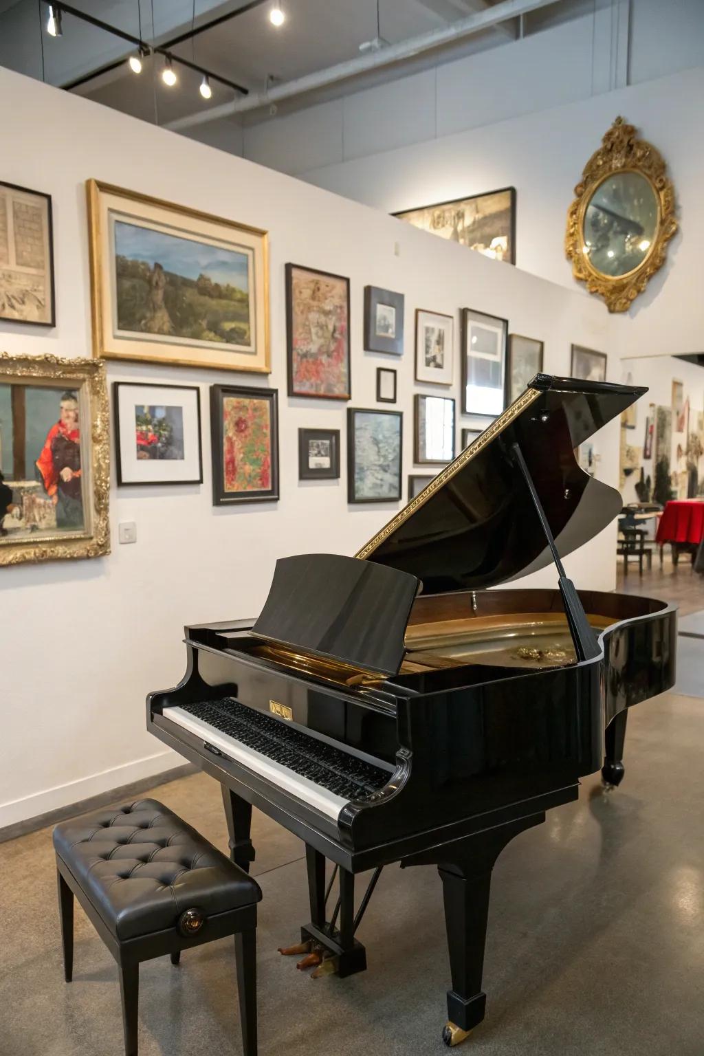 Artistic wall decor above the piano