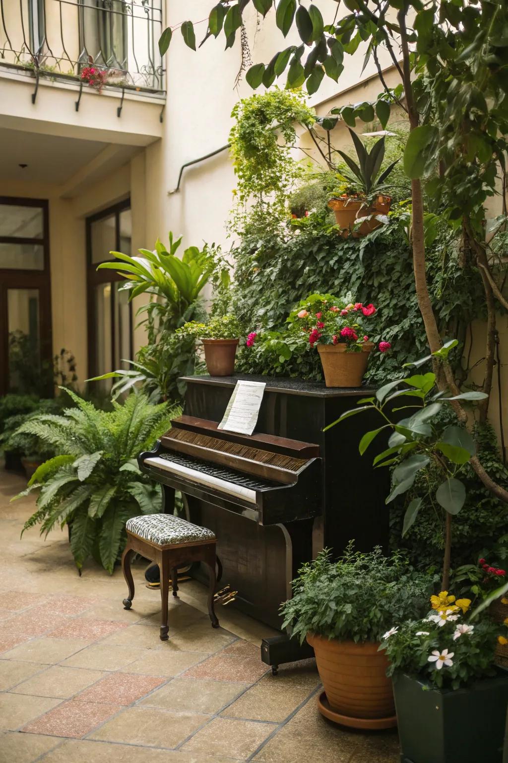 Green plants adding freshness to the piano area