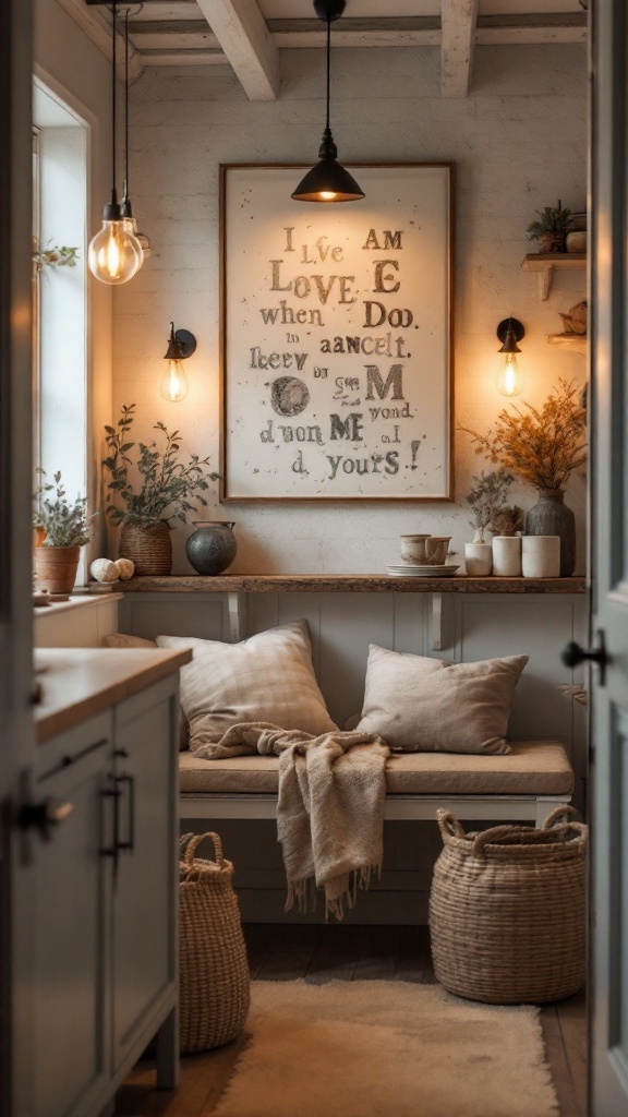 Cozy laundry nook with seating and warm decor.