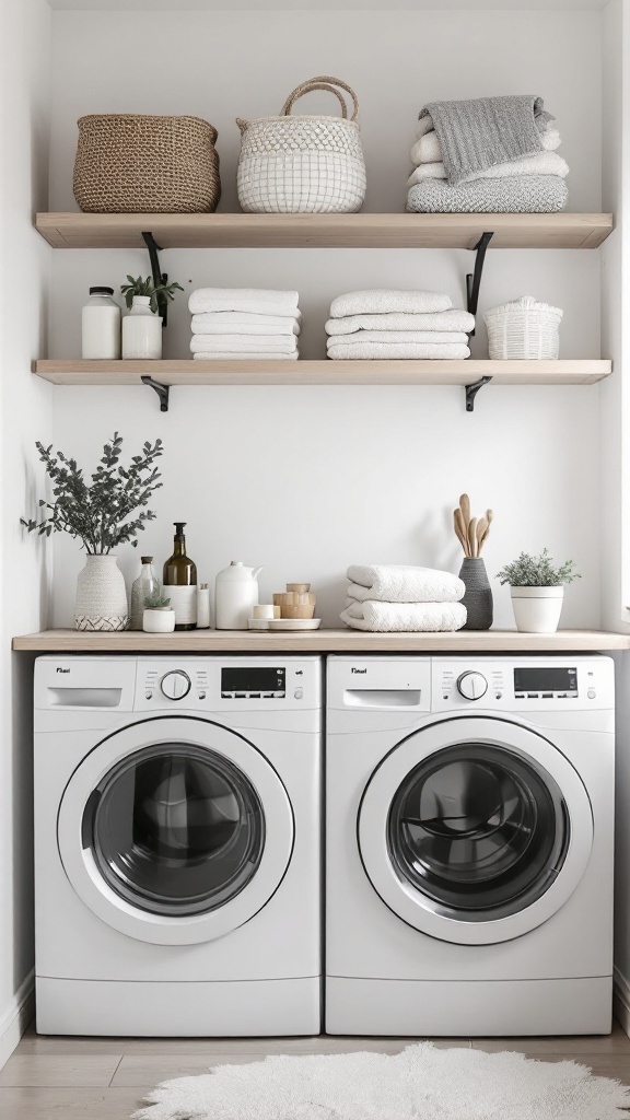 A modern laundry room featuring open shelving with neatly arranged textiles and baskets above two washing machines.