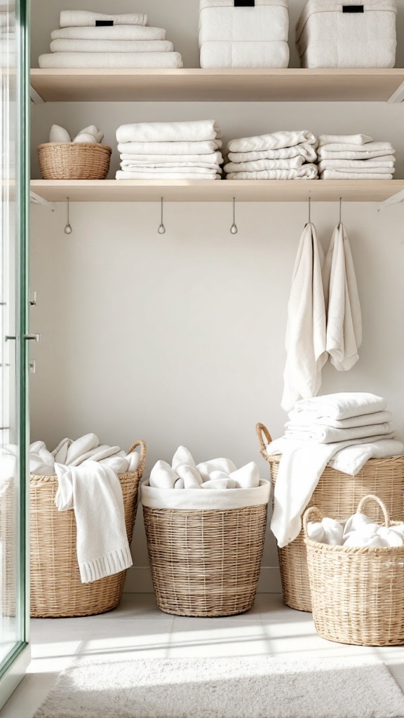 A light-colored laundry room with woven linen baskets and neatly stacked towels.