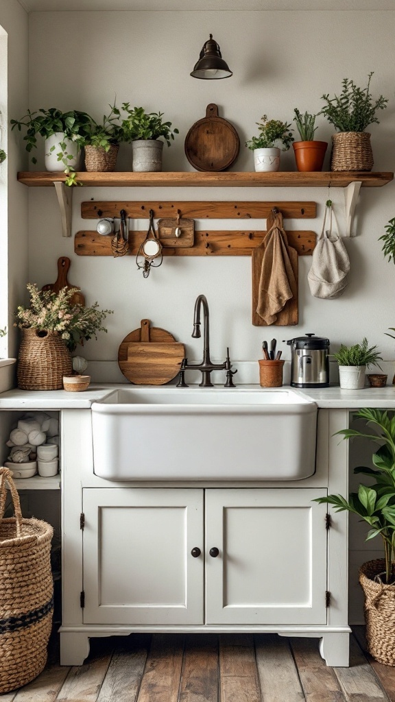 A vintage farmhouse sink with plants and rustic decor.