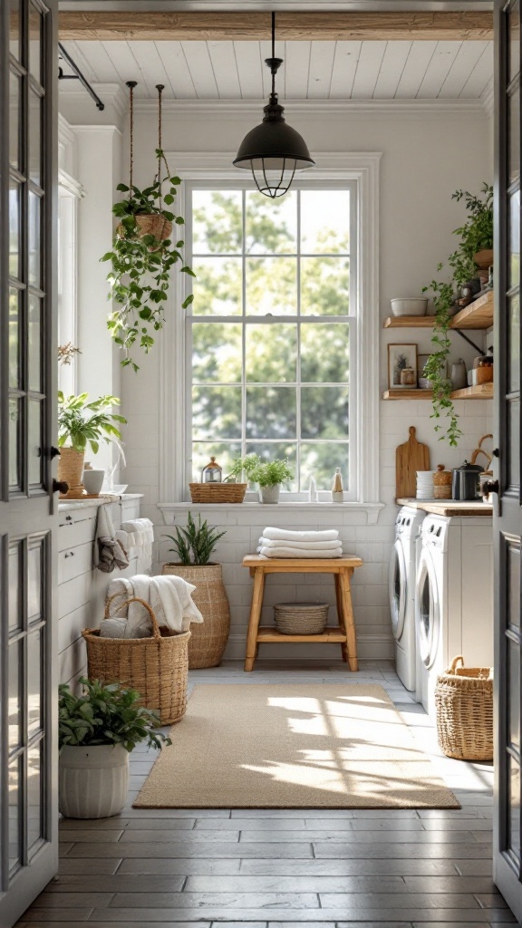 A bright and airy laundry room with large windows, natural light streaming in, and plants adding a touch of nature.