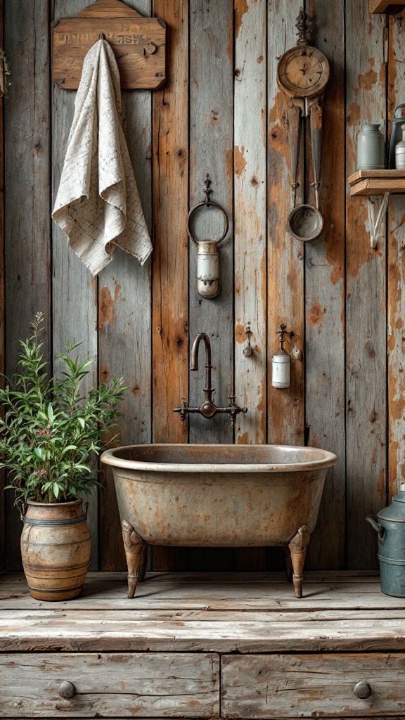 A rustic laundry design featuring a vintage tub, wooden walls, and antique fixtures.