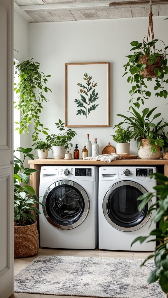Laundry room with botanical prints and greenery, featuring plants and a framed artwork.
