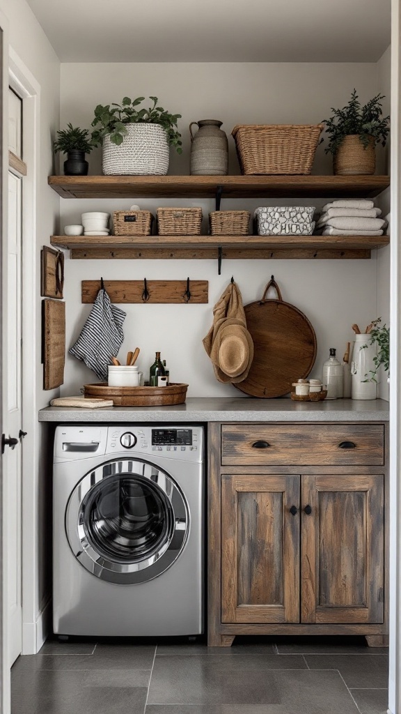 A rustic mudroom featuring a washer, wooden cabinets, open shelving with plants and decorative baskets.