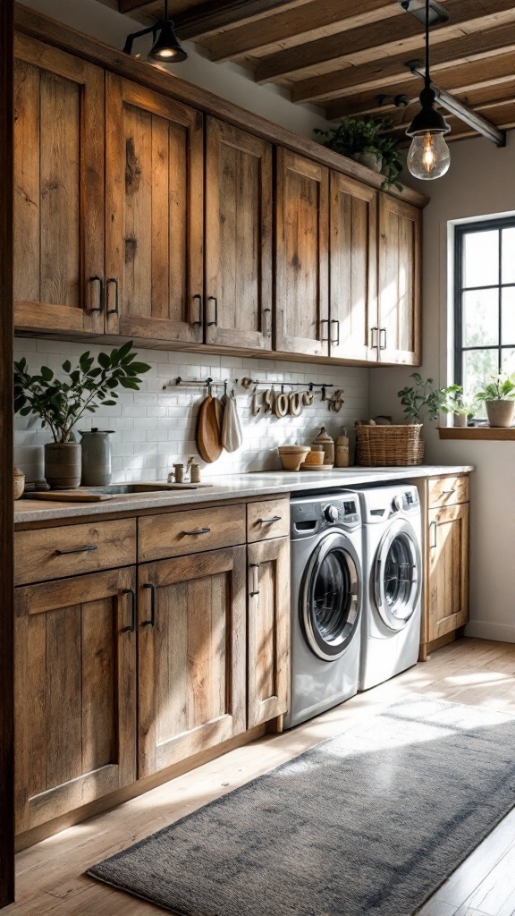 A rustic laundry room featuring reclaimed wood cabinets, a washing machine, and decor accents.
