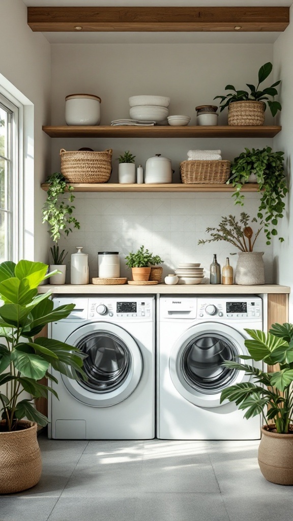 A modern laundry room featuring two washing machines, wooden shelves, and various plants in stylish pots.