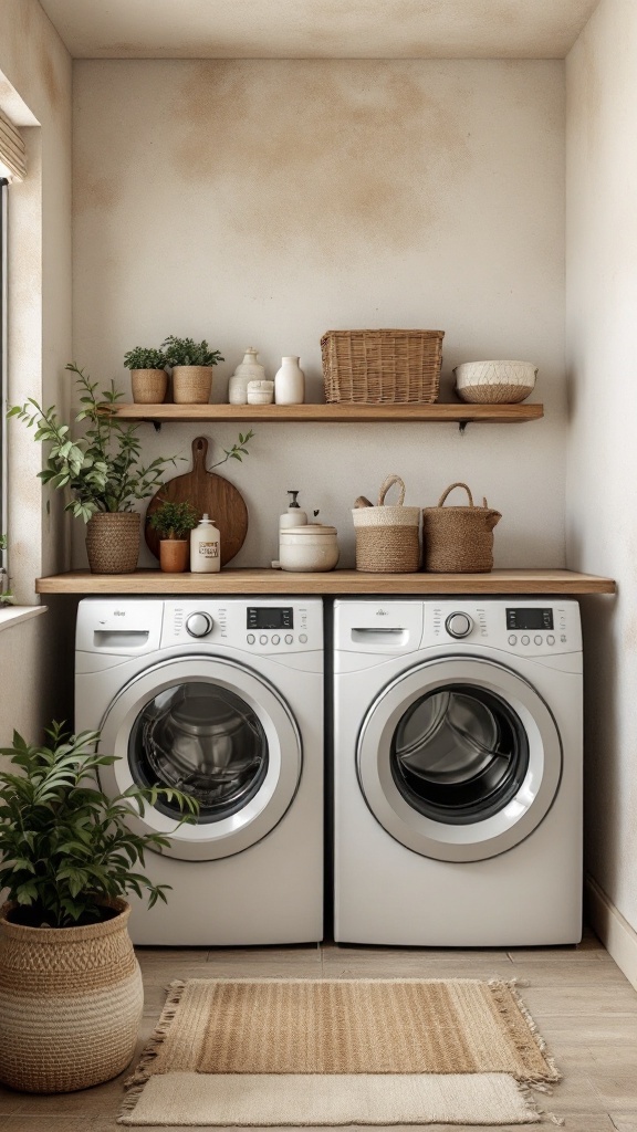A cozy laundry room featuring earthy tones with two washing machines, wooden shelves, and plants.