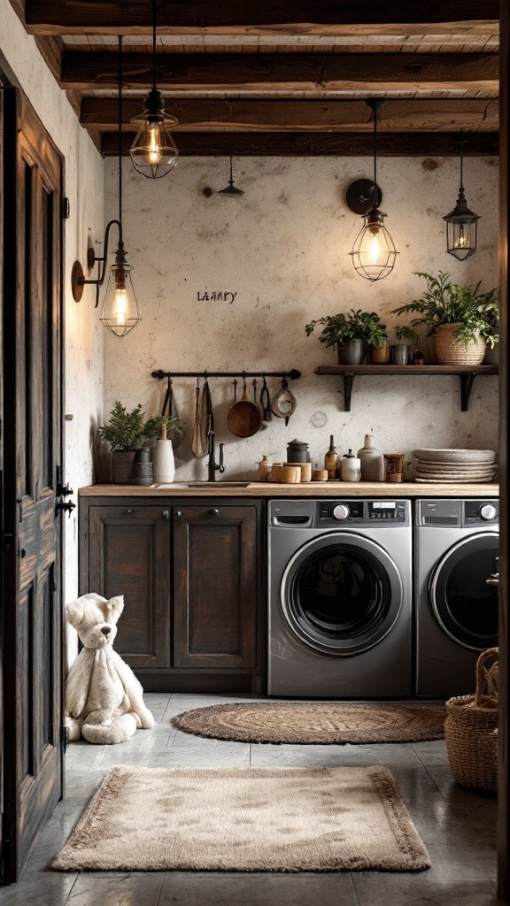 A rustic laundry room with various creative lighting fixtures.