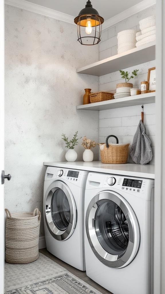 A cozy laundry room with textured walls, modern washing machines, and rustic decor.